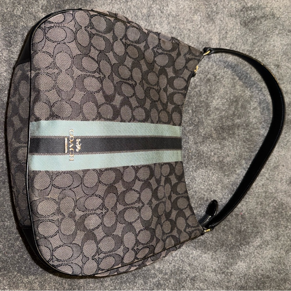 Coach Black and Teal Signature Stripe Shoulder Bag